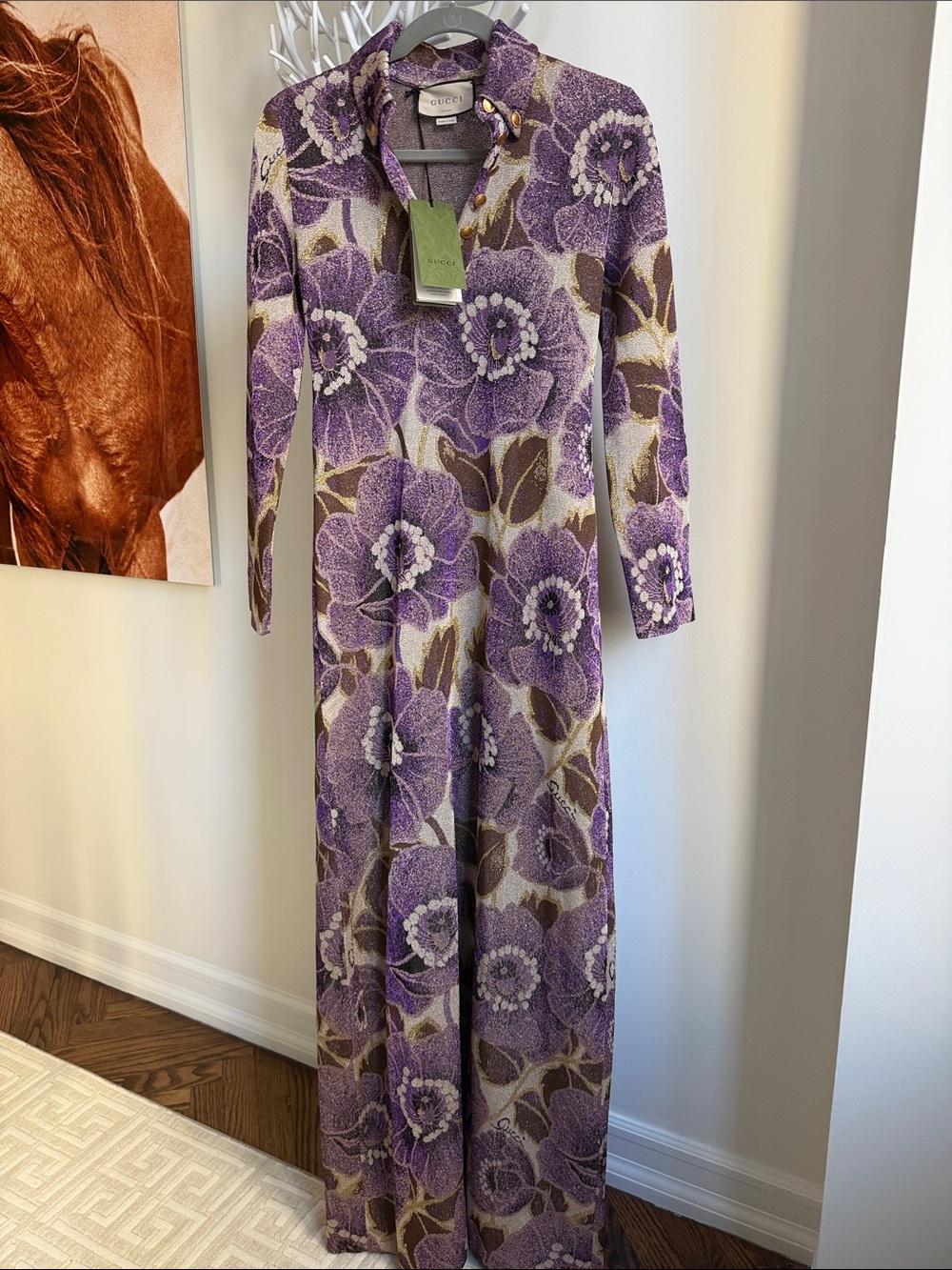 NWT Gucci Purple Floral Collared Knit Maxi Dress